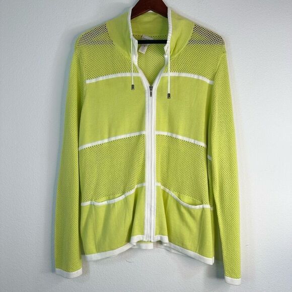 Chico’s Zenergy Womens Lime Green Lissa Mesh Knit Sweater Jacket XL Athleisure - Picture 1 of 10